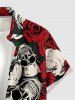 Chemise hawaïenne pour homme à imprimé crânes et roses, à boutons et à poche - Rouge S
