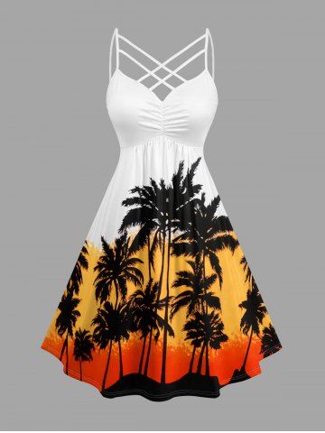 Coconut Tree Print Hawaii Ruched Crisscross Strappy A Line Dress - ORANGE - 6X