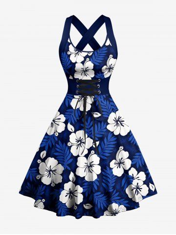 Robe débardeur hawaïenne à imprimé fleurs d'hibiscus et feuilles tropicales, laçage croisé - DEEP BLUE - XXXL