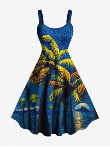 Robe débardeur Hawaï à imprimé peinture à l'huile de paysage marin et cocotiers (bretelles réglables) - BLUE - 3X