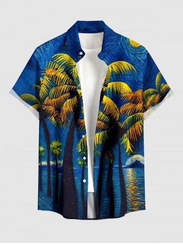 Coconut Tree Seascape Oil Painting Print Buttons Pocket Hawaii Shirt For Men - BLUE - 3XL