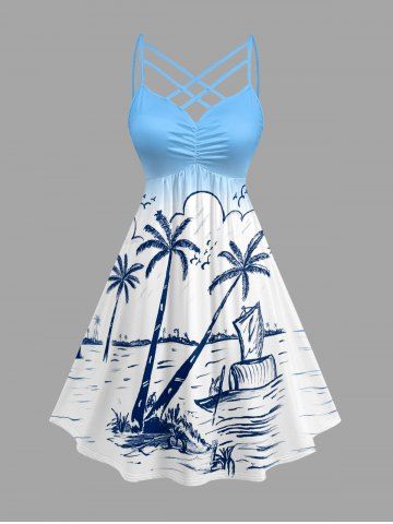 Robe hawaïenne à imprimé ombré cocotier, paysage marin et voilier, à bretelles croisées en treillis avec effet froncé - LIGHT BLUE - M