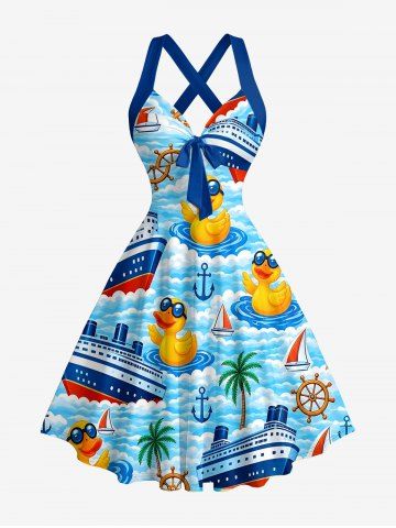 Dark Coconut Tree Ship Rudder Anchor Sea Waves Cruise Print Crisscross Straps Bowknot Hawaii Tank Dress - LIGHT BLUE - XL