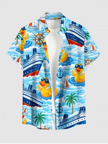 Dark Coconut Tree Ship Rudder Anchor Sea Waves Cruise Print Buttons Pocket Hawaii Shirt For Men - LIGHT BLUE - 6XL