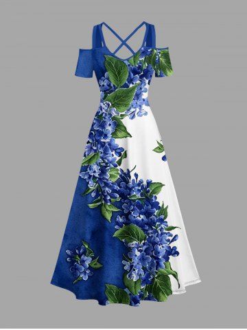 Leaf Flower Print Hawaii Cold Shoulder Crisscross Strappy A Line Dress - BLUE - 5X