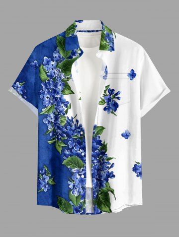 Leaf Flower Print Hawaii Button Pocket Shirt For Men - BLUE - 6XL