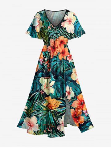 Flowers Tropical Leaf Print Split Hawaii Midi Dress - DARK TURQUOISE - XXS