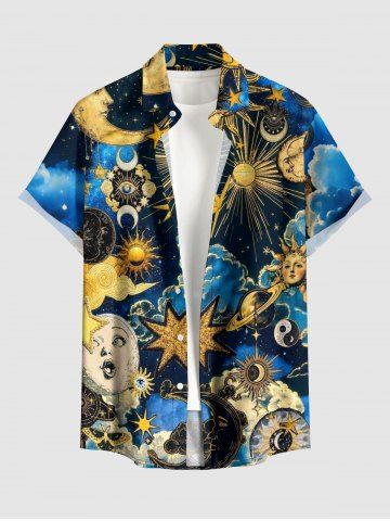Chemise pour homme boutonnée avec poche, imprimé soleil, lune, planète, galaxie et nuages