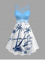 Robe hawaïenne à imprimé ombré cocotier, paysage marin et voilier, avec fronces et bretelles entrecroisées en treillis. - Bleu clair 5X