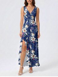 Tropical Leaf Flower Branch Print Hawaii Ruffles Split Dress -  