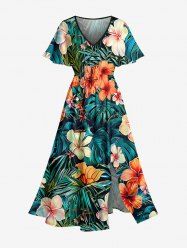 Robe midi hawaïenne fendue à imprimé fleurs et feuilles tropicales - Turquoise Foncée 5X