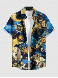 Chemise homme à boutons et poche, imprimé soleil, lune, planète, galaxie et nuages - Bleu profond S