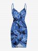Ensemble assorti de plage hawaïen pour couple avec imprimé fleurs, feuilles et requin - Bleu 