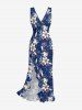 Robe hawaïenne à volants et fente, à imprimé tropical de feuilles, fleurs et branches - Cadetblue XS