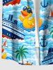 Chemise hawaïenne pour homme à boutons et poche, à imprimé cocotier sombre, bateau, gouvernail, ancre, vagues de mer et croisière - Bleu clair L