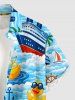 Chemise hawaïenne pour homme, imprimé de cocotiers sombres, bateau, gouvernail, ancre, vagues de mer et croisière, avec boutons et poche. - Bleu clair 5XL