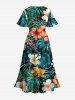 Robe midi hawaïenne fendue à imprimé fleurs et feuilles tropicales - Turquoise Foncée 5X