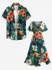 Robe midi hawaïenne fendue à imprimé fleurs et feuilles tropicales - Turquoise Foncée 5X
