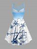 Robe hawaïenne à imprimé ombré paysage marin avec cocotiers et voilier, bretelles entrecroisées et fronces - Bleu clair XS