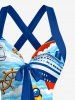 Robe débardeur Hawaï à imprimé cocotier foncé, bateau, gouvernail, ancre, vagues de mer et croisière, avec bretelles croisées et nœud - Bleu clair XS