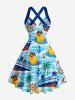 Robe débardeur Hawaï à imprimé cocotier foncé, bateau, gouvernail, ancre, vagues de mer et croisière, avec bretelles croisées et nœud - Bleu clair XS
