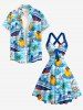 Robe débardeur Hawaï à imprimé cocotier foncé, bateau, gouvernail, ancre, vagues de mer et croisière, avec bretelles croisées et nœud - Bleu clair XS