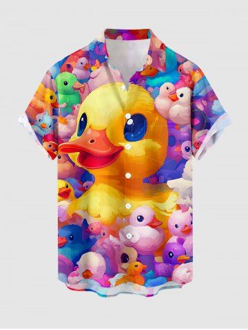 Colorful Ducks Print Buttons Pocket Hawaii Shirt For Men - PURPLE - 3XL