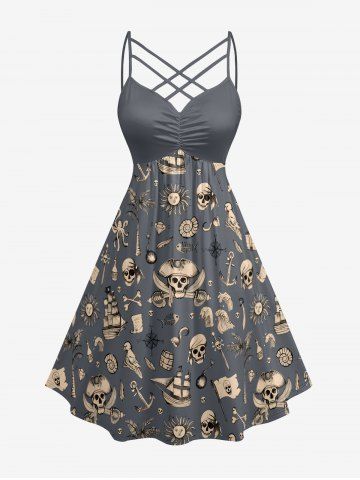 Robe hawaïenne à imprimé cocotier, crâne de pirate, oiseau, gouvernail et soleil, avec bretelles entrecroisées en treillis et effet ruché