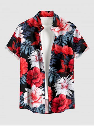 Flowers Tropical Leaf Print Buttons Pocket Hawaii Shirt For Men - RED - S
