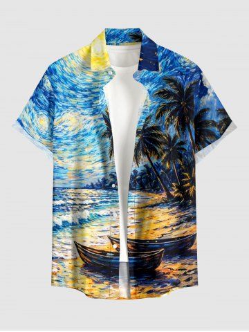 Coconut Tree Sea Sailboat Galaxy Painting Print Hawaii Button Pocket Shirt For Men - BLUE - 4XL