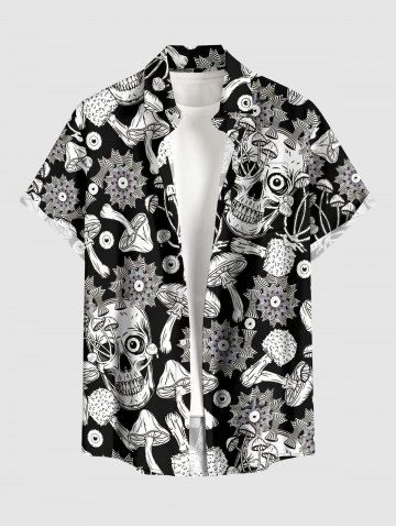 Skulls Mushroom Plant Print Hawaii Button Pocket Shirt For Men - BLACK - S