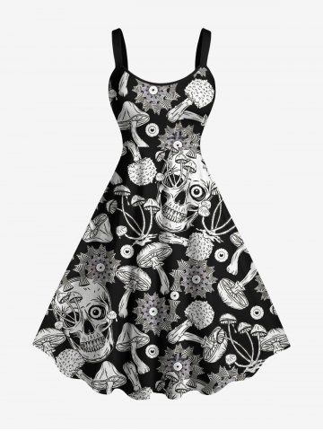 Robe trapèze hawaïenne à imprimé crânes, champignons et plantes - BLACK - M