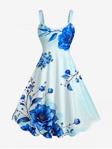 Flower Leaf Branch Print Hawaii A Line Dress - LIGHT BLUE - M