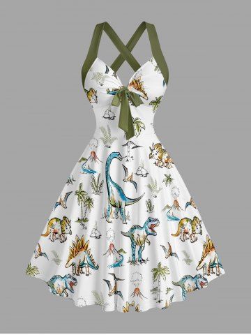 Robe débardeur hawaïenne à imprimé dinosaure et cocotier, bretelles croisées et nœud - WHITE - XS