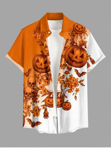 Halloween Skulls Pumpkin Bat Flower Leaf Print Button Pocket Shirt For Men - ORANGE - L