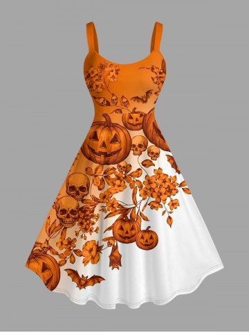 Robe trapèze imprimée motifs Halloween crânes, citrouilles, chauves-souris et feuilles - ORANGE - 6X