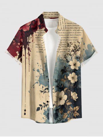 Chemise hawaïenne pour homme avec poche et boutons, imprimé fleurs et lettres façon peinture à l'encre - TAN - 2XL