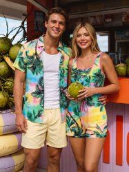 Matching Hawaii Shirt and Romper Beach Outfit Coconut Tree Colorful Ombre Print for Couples -  