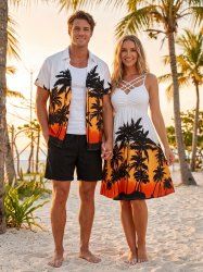 Coconut Tree Print Matching Hawaii Beach Outfit For Couples -  