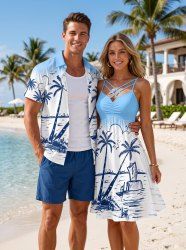 Coconut Tree Seascape Sailboat Ombre Print Matching Hawaii Beach Outfit For Couples -  