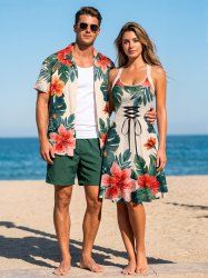 Tropical Leaf Flower Print Matching Hawaii Beach Outfit For Couples -  