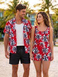 Matching Hawaii Shirt and Romper Beach Outfit Coconut Tree Print for Couples -  