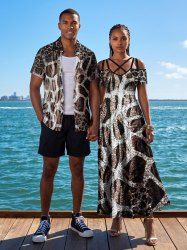 Ombre Leopard Giraffe Textured Print Matching Hawaii Beach Outfit For Couples -  