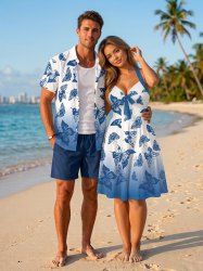 Tenue coordonnée de plage hawaïenne à imprimé dégradé papillon pour couple - Bleu Ciel 
