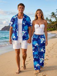 Coconut Tree Tropical Leaf Paint Splatter Print Matching Hawaii Beach Outfit For Couples -  