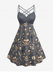 Robe hawaïenne à imprimé soleil cocotier, crâne, pirate, oiseau et gouvernail, avec bretelles croisées et fronces en treillis - Gris XS