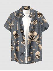Chemise hawaïenne pour homme à imprimé cocotier, crâne, oiseau pirate, gouvernail et soleil, avec boutons et poche - Gris 6XL