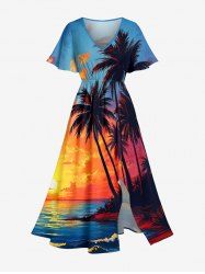 Robe midi hawaïenne fendue à imprimé cocotier, soleil, paysage marin et vagues - Bleu Ciel XXS