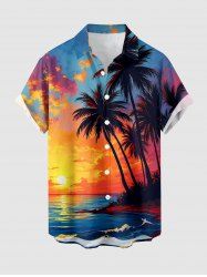 Chemise hawaïenne pour homme à imprimé cocotier, soleil, paysage marin et vagues, avec boutons et poche - Bleu Ciel 6XL