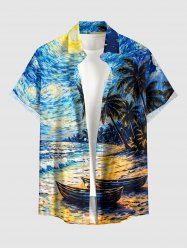 Chemise homme à imprimé hawaïen (cocotier, mer, voilier, peinture galaxie), boutonnée avec poche - Bleu XL